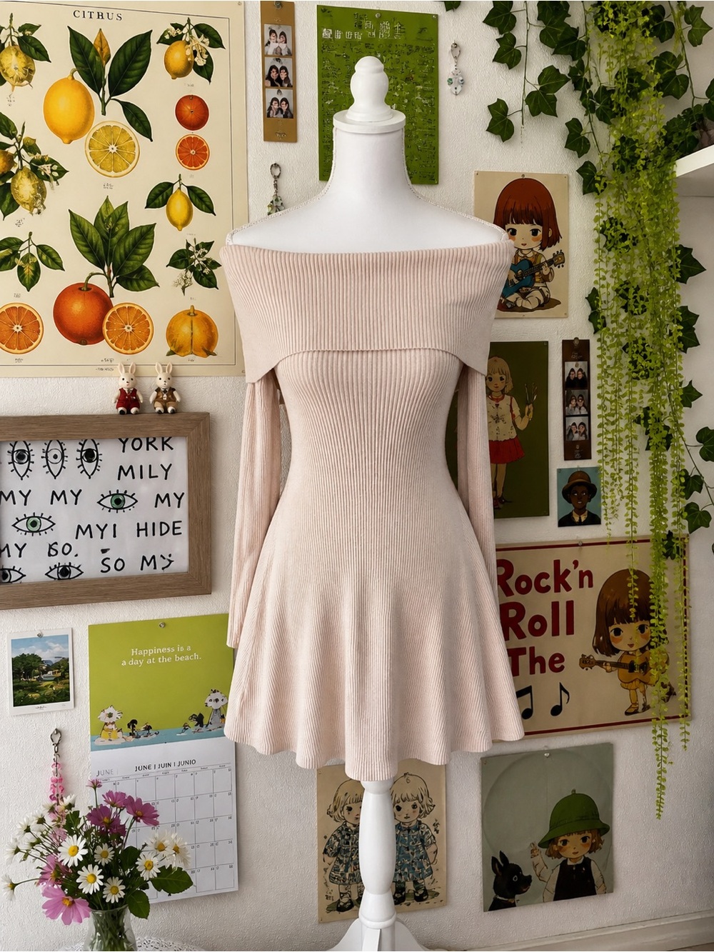 Off-Shoulder Ribbed Knit Dress in Blush